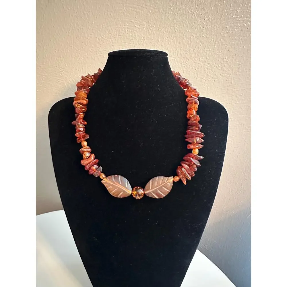 Amber Tide Leaf Necklace – Vintage Amber Tone Assemblage Necklace – OOAK